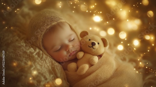 Sweet baby nestled with a teddy bear