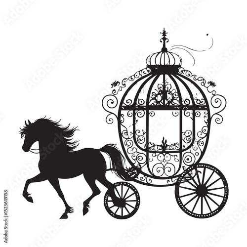 Elegant black silhouette of horse drawn carriage