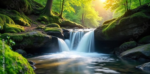 Serene waterfall cascading over moss-covered rocks, sunlight filtering through lush green foliage, creating a tranquil scene of natural beauty in perfect flow , untouched, peaceful