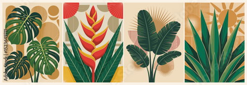 Set of retro botanical posters in mid-century modern style featuring exotic flowers, monstera, and banana leaves. Bold flat vector art perfect for vintage-inspired decor