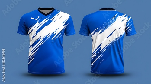 Stylish blue sports jersey design with white abstract graphics.