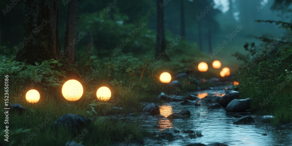Fototapeta premium Glowing lights path in forest stream at night