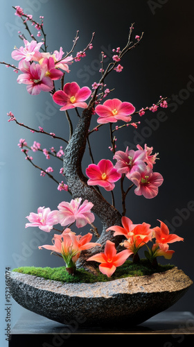 Beautiful arrangement of pink and red flowers, including orchids and lilies, is artistically displayed textured stone vase. composition is enhanced by delicate branches and lush green moss