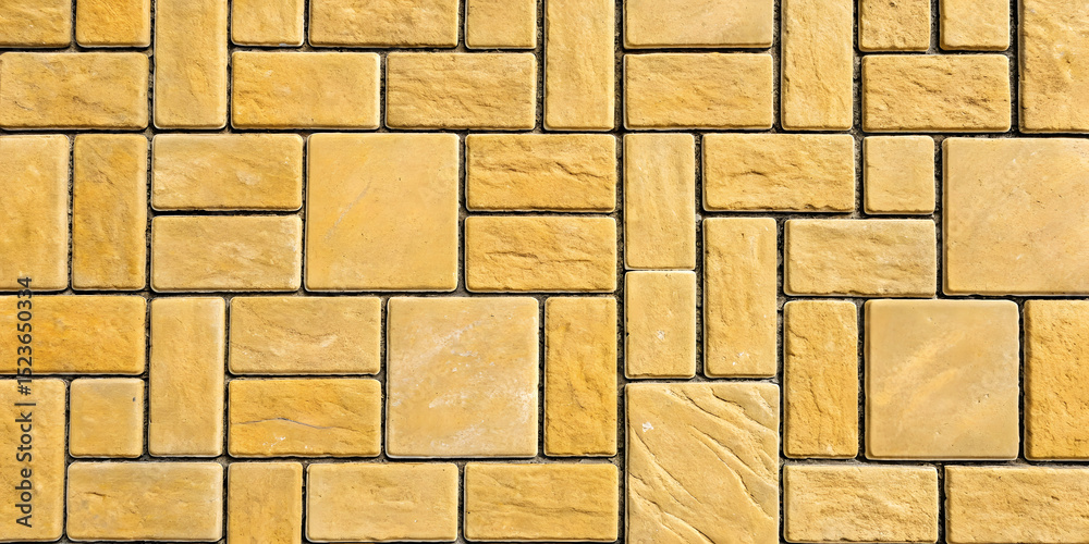 Obraz premium Golden yellow sandstone tiles in rectangular grid pattern with visible natural grain textures and consistent mortar joints.
