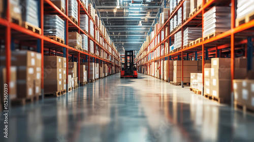 Retail warehouse full of shelves with goods in cartons, with pallets and forklifts. Logistics and transportation blurred background. Product distribution center.