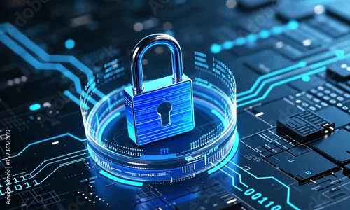 Glowing Blue 3D Digital Padlock Animation with Flowing Data and Advanced Cybersecurity Features