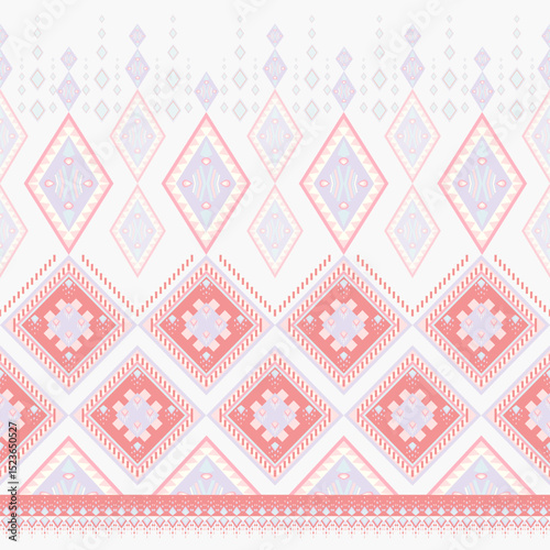 This image shows a traditional textile pattern featuring layered geometric diamond shapes in soft tones like red, pink, and purple. The intricate design reflects the cultural h