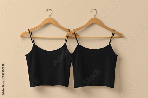 Two black camisole tops mockup hanging on wooden hangers against a beige background.
