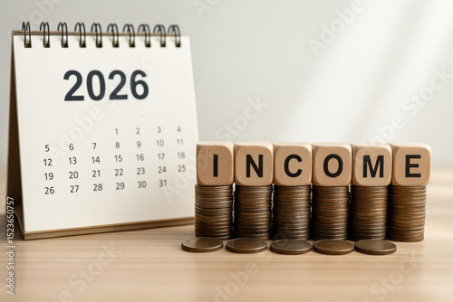 Financial concept representing income and the future using a calendar, coins, and wooden blocks