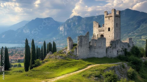 Scenic View of Arco Castle Ruins Overlooking Lake Garda and the Italian Alps photo