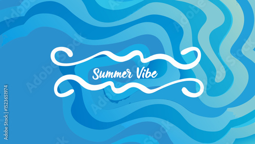 Summer vibe text with decorative swirls on a background of abstract blue waves and gradient patterns design