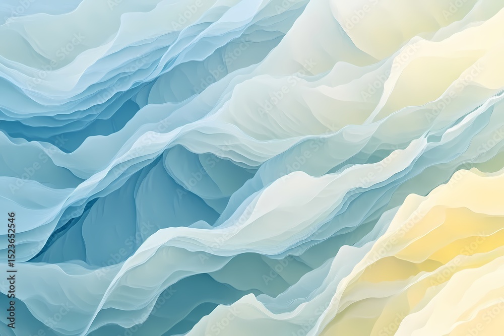Obraz premium Abstract layers of pale blue and lemon yellow paint rippling in soft waves, textured with fine grain fractal detail, 