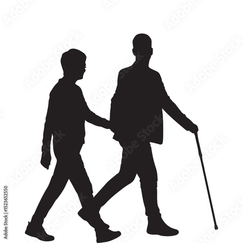 Two people walking silhouette with one assisting a person with a cane disability