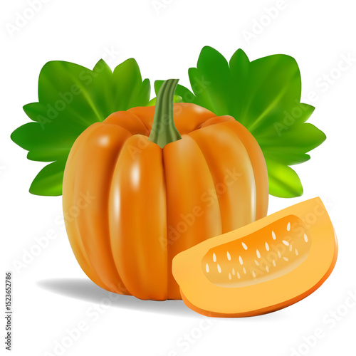 Realistic vector illustration of whole pumpkin with leaves and pumpkin slice.