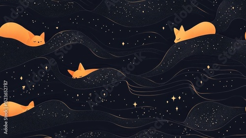 Cute Seamless Pattern of Sleepy Foxes Curled Up against Dark Background