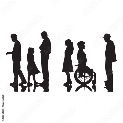 Silhouette illustration of diverse people standing together including individuals in a wheelchair
