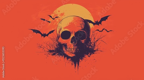 Abstract Halloween Minimalist Skull and Bats