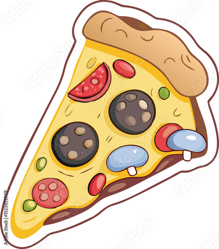 Delicious Pizza Slice A Cartoon Illustration of a Savory Pizza
