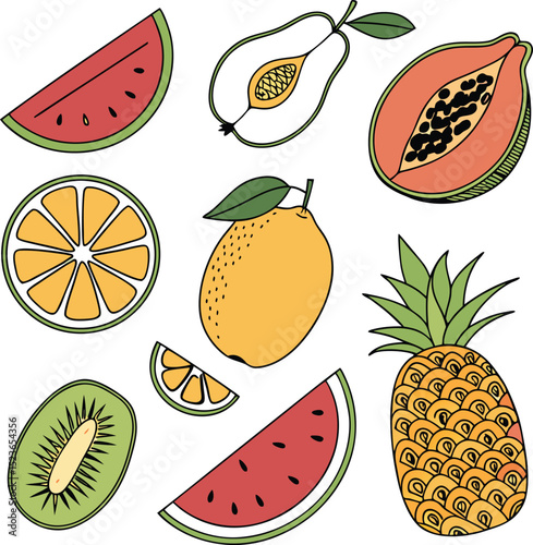 "Tropical Fruit Set – Pineapple, Mango, Coconut & Exotic Summer Fruits Vector Collection"