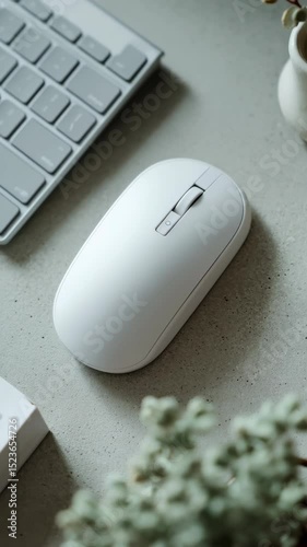 A top shot of a white minimalistic desktop mouse with different peripherals beside it, professional advertisement or commercial shoot, computer and technology