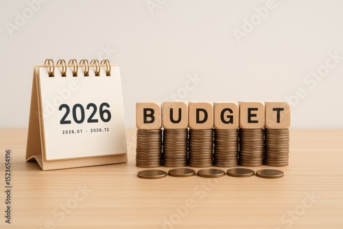 Financial Planning in 2026, Budget Concept with Coins and Calendar. The wooden blocks spell 