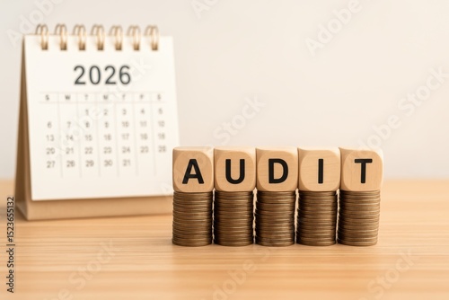 An audit scheduled for 2026 is represented by wooden blocks on stacks of coins next to a calendar.