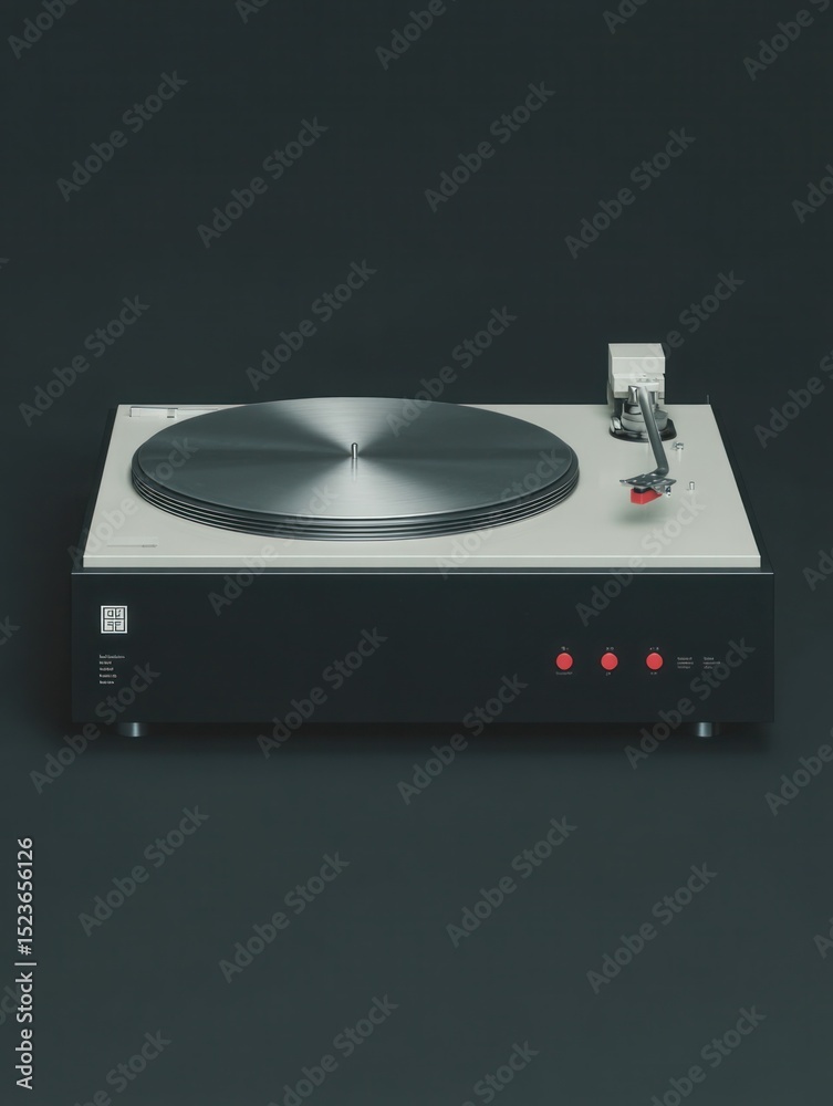 Obraz premium Modern Minimalist Turntable with Brushed Metal Platter and Red Control Buttons on Black Base