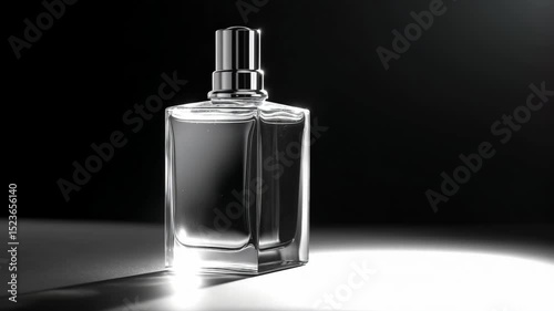 A clear bottle of cologne perfume in the middle of a minimalistic dark canvas for a video shoot for a product advertisement or commercial, professional production