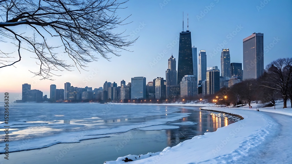 Fototapeta premium Winter sunrise over chicago skyline reflecting in icy lake michigan with bare tree branches