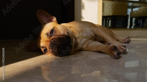Fawn French Bulldog lies quietly on floor, stripe of warm sunlight illuminating its head and eyes. Dog appears to rest peacefully but blinks and glances around, subtly shifting ears