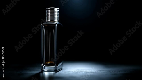 A clear bottle of cologne perfume in the middle of a minimalistic dark canvas for a video shoot for a product advertisement or commercial, professional production