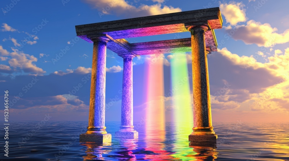 Fototapeta premium Ancient stone columns stand over water, illuminated by vibrant rainbow light beams beneath a dramatic sky at sunset, colorful pride month