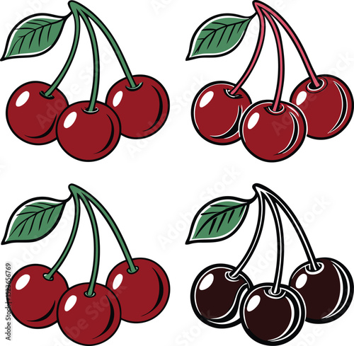 "Bunches of Fresh Cherry Berries Isolated – Sweet Red Fruit Vector Illustration"