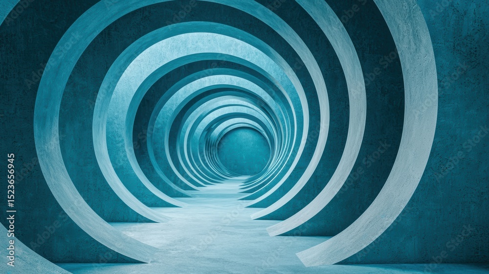 Naklejka premium A futuristic blue tunnel with repeating circular arches, creating a sense of depth and infinite perspective, colorful pride month