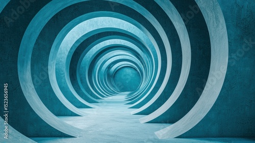 A futuristic blue tunnel with repeating circular arches, creating a sense of depth and infinite perspective, colorful pride month