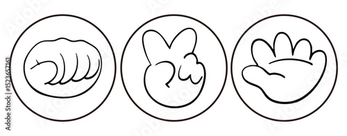 じゃんけんポーズのシンプル手描きイラストセット　ベクター黒