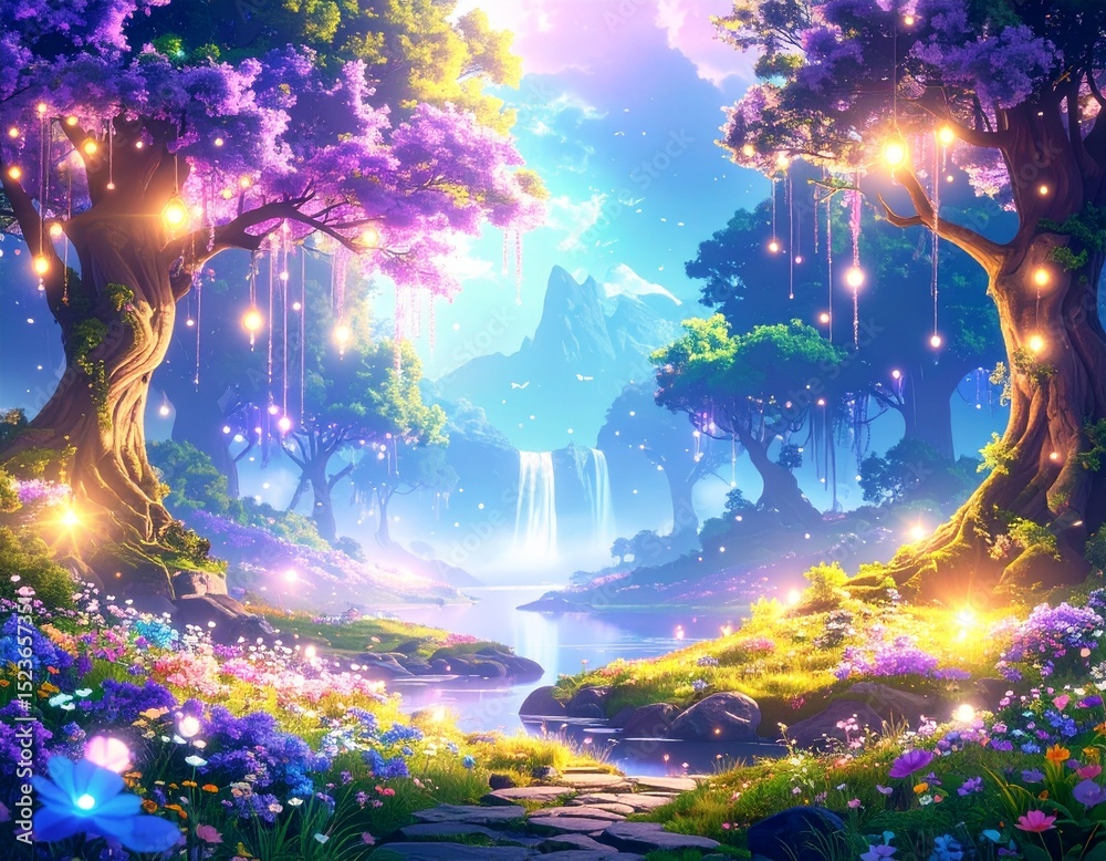 Obraz premium ピンクの花が咲く幻想的な夜の風景