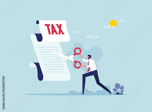 Concept of tax reduce, businessman using scissors to cut tax bill