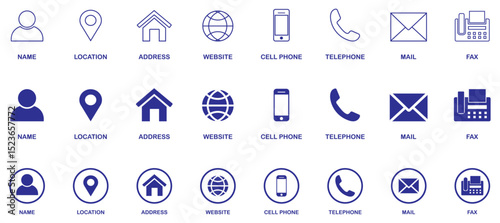 Web icon set, business card icon concept, website icon on white background. contact info name, location, address, website, cellphone, telephone, mail and fax. Flat icons for web contact info. Vector 