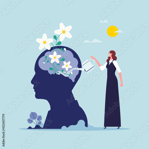 Mental health care, psychological therapy concept. woman with watering can irrigates blossom flowers inside head. Self care, healthy life. Psychologist help