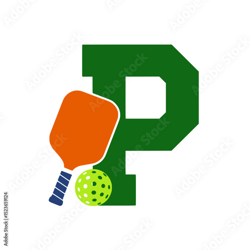 Pickleball paddle and ball with varsity P, Orange pickleball paddle and neon green perforated ball placed in front of a bold varsity-style green letter P on light background.

