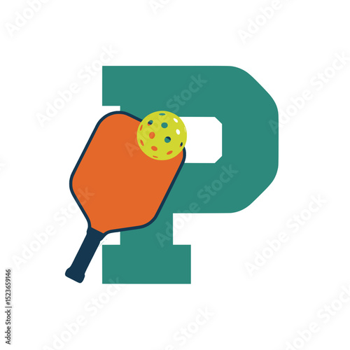 Pickleball paddle and ball with teal letter P, Orange pickleball paddle and colorful perforated ball placed over a bold teal varsity-style letter P on a white background.


