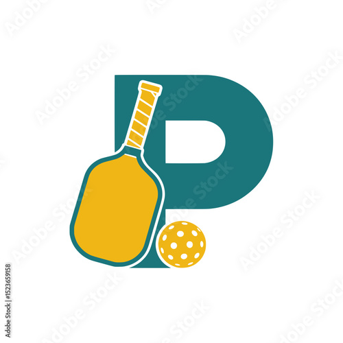 Yellow pickleball paddle and ball with varsity P, Yellow pickleball paddle and matching ball with white holes displayed in front of a bold teal varsity-style letter P on white background.

