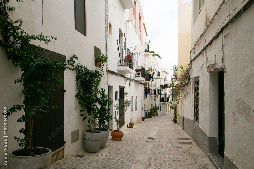 Fototapeta premium Streets and views of the ancient walled citadel of Dalt Vila, a UNESCO World Heritage Site, on the island of Ibiza in Spain.