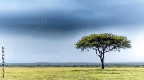 A majestic tree standing alone in the middle of a vast field, with storm clouds looming in the background. 