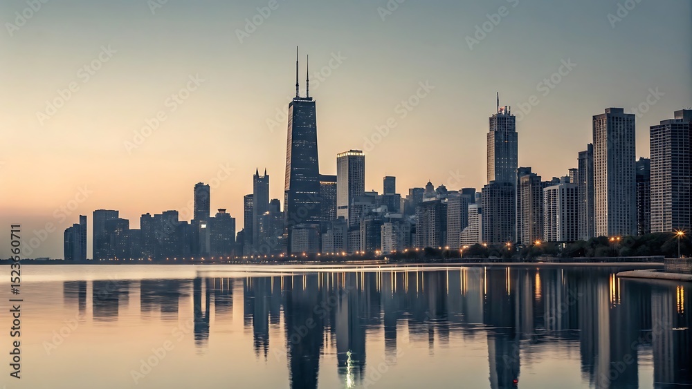 Obraz premium Chicago skyline at sunrise reflecting beautifully in the calm waters of lake michigan