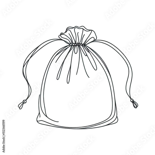 Outline drawing of a simple drawstring bag on white background with copy space