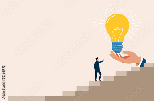 Reaching for Inspiration A Businessman Ascends Towards a Giant Lightbulb