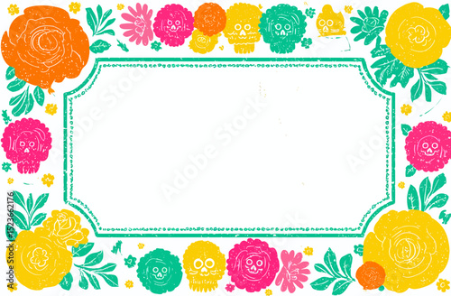 Vibrant Floral and Sugar Skull Frame Mexican Inspired Design Element