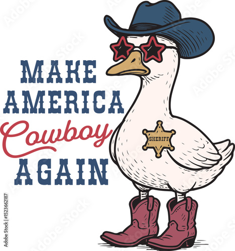 Make America Cowboy Again Quotes, Funny 4th of July, Goose in cowboy hat and sunglasses holding, unny patriotic western-themed 4th of July